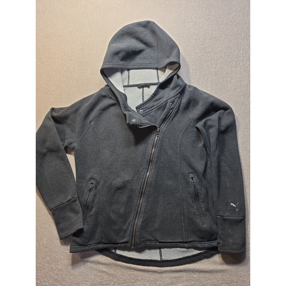 Puma Womens Asymmetrical Zip Hoodie Jacket Charcoal Gray Size L Fleece Moto
